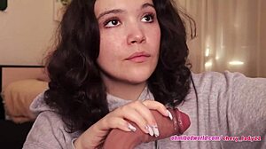 A curvy brunette with a big butt displays her oral talents